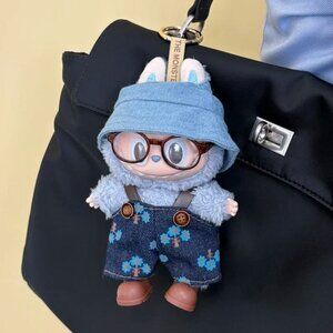 Labubu Doll Clothes Set – 4-Piece Denim Floral Overalls, Blue Bucket Hat, Brown